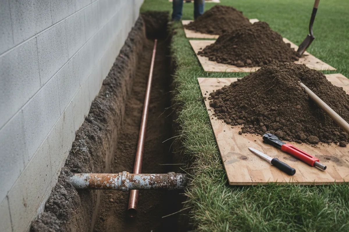 Excavated water line trench during Water Softener Installation in Bloomingdale